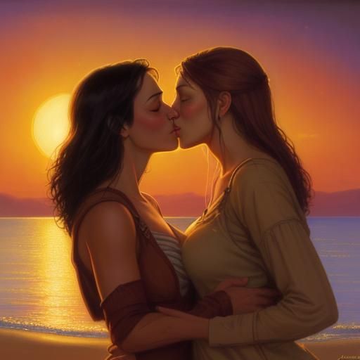 Romantic Fantasy: Two Women Kiss at Sunset