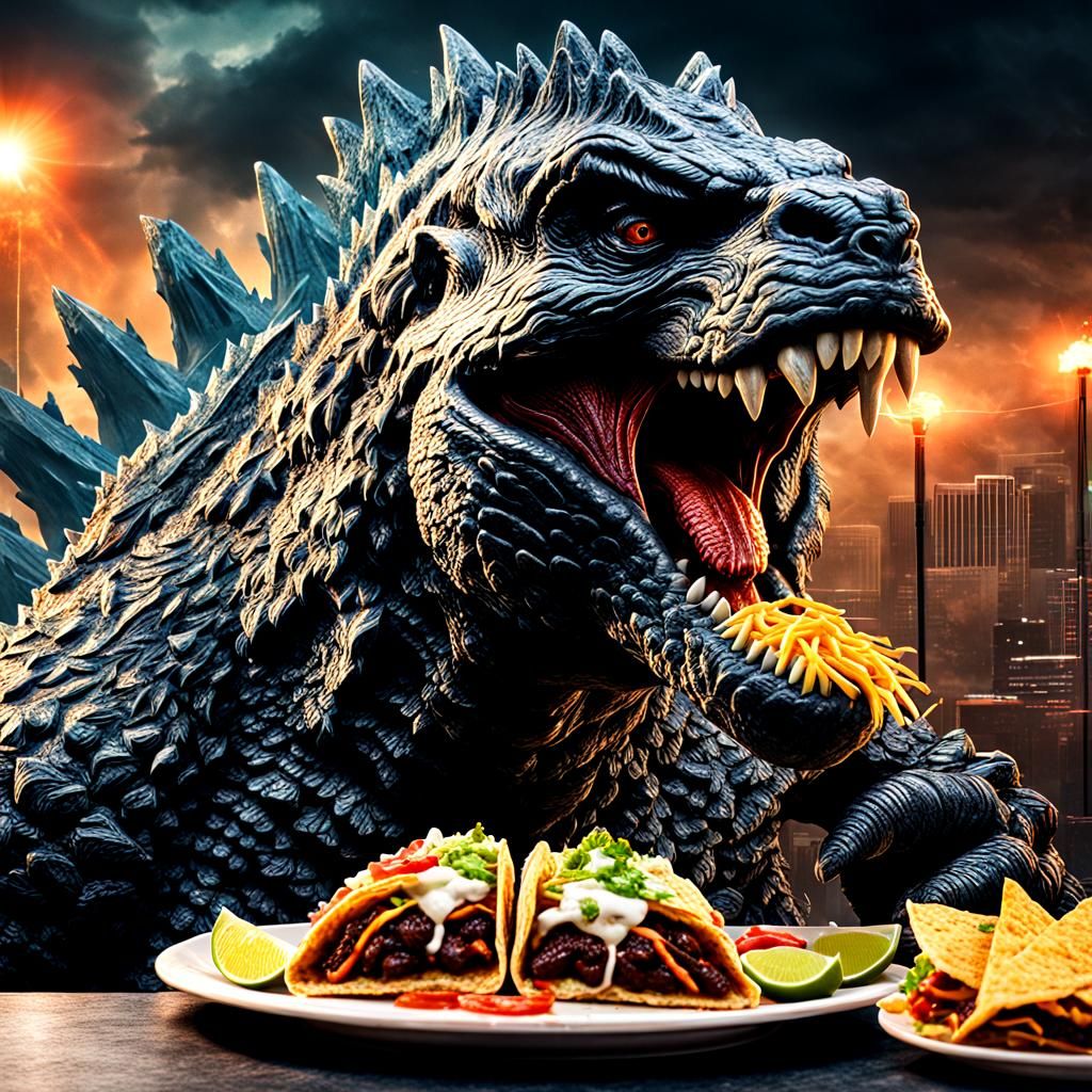 Hyperrealistic Godzilla Eats Taco