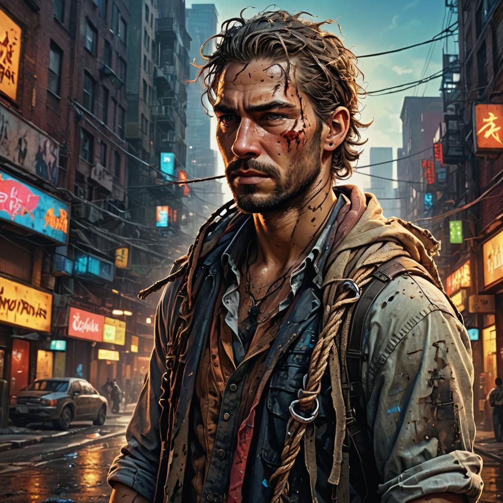 Determined Man in Tattered Clothes, Photorealistic Style
