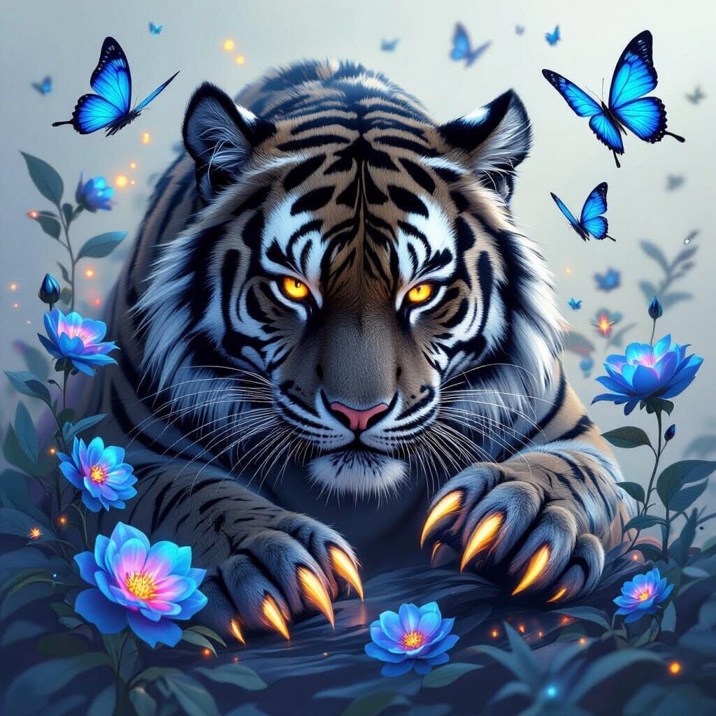 Mystic Tiger with Flowers and Blue Flames