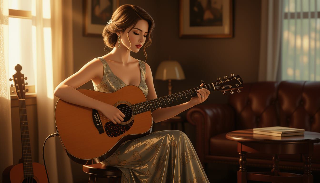 Elegant Woman Plays Guitar in Photorealistic Style