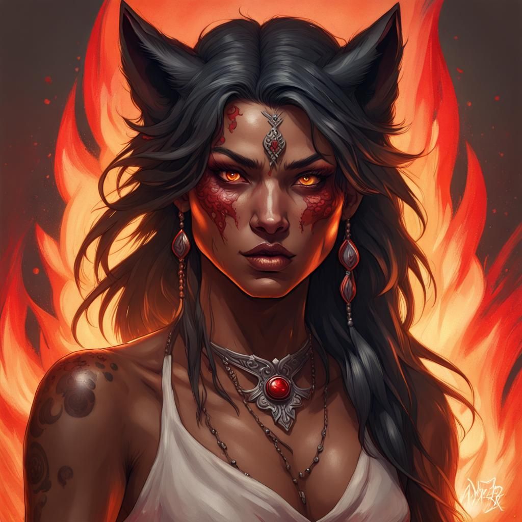 Werewolf Portrait with Red Eyes in Oil Painting Style