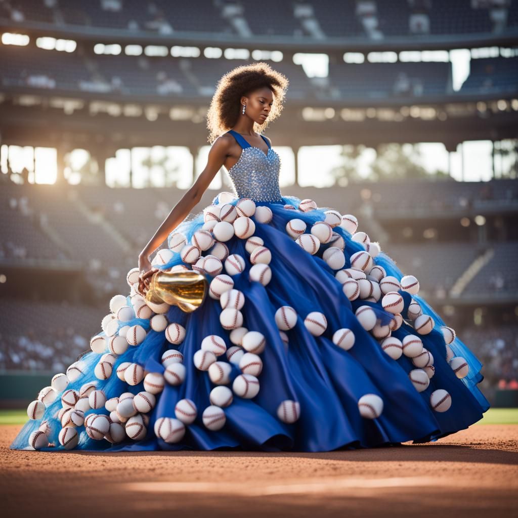 Model in 3D Baseball Ballgown, Professional Photo