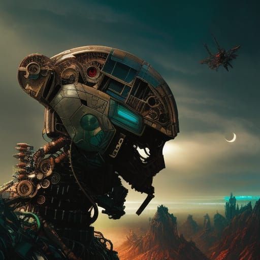 Worn Mecha Robot in 17th Century Landscape