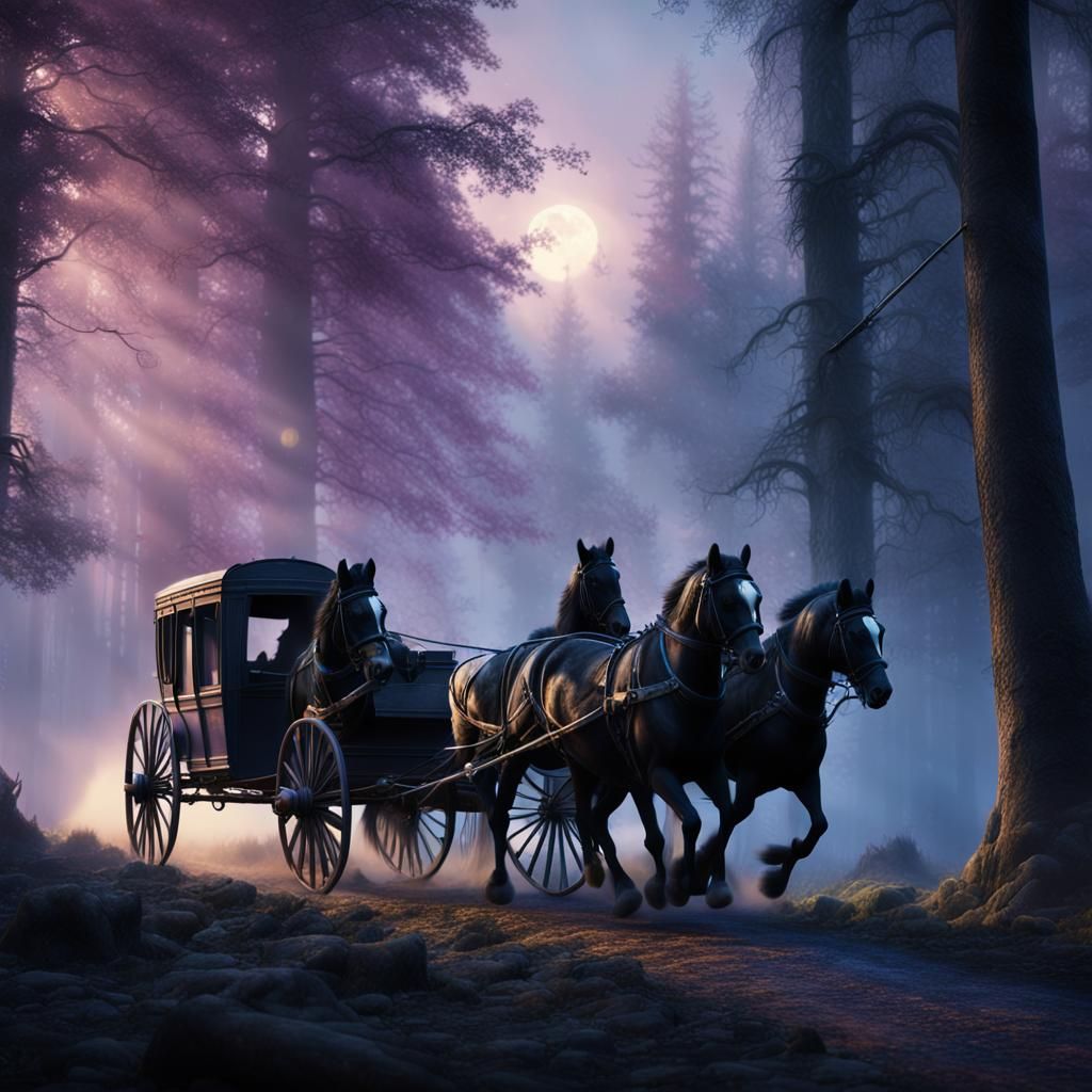 Black Horses in Misty Forest: Cinematic Digital Painting