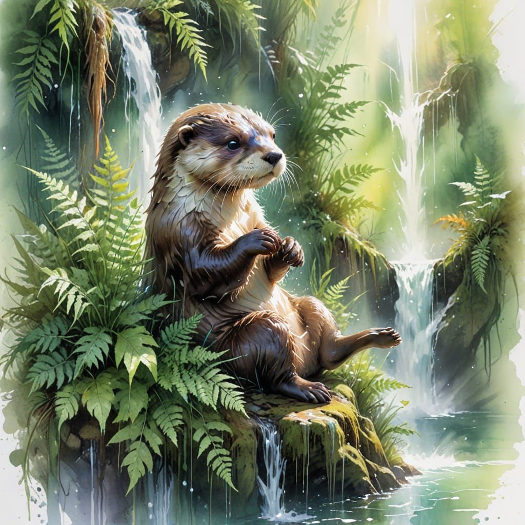 Otter in Spring Waterfall: Stylized Watercolour Art