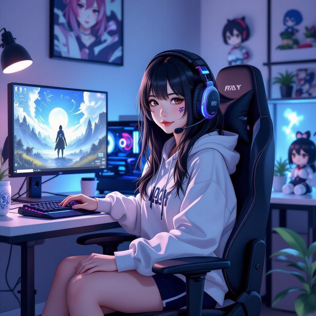 Gamer Girl Immersed in Destiny 2: Digital Art