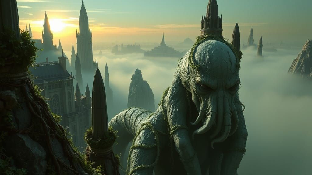 Hyperreal Cityscape of R'lyeh with Sleeping Cthulhu