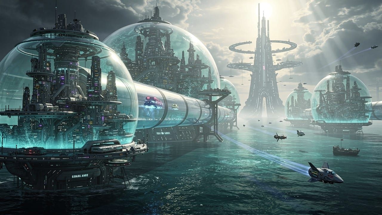 Vast Water Planet Colony with Futuristic Cities