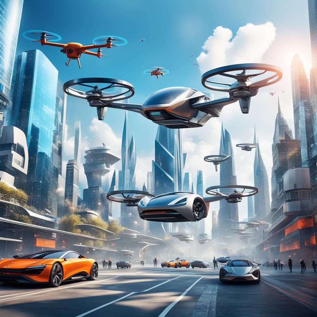 Futuristic Cityscape with Flying Cars in Hyperrealism