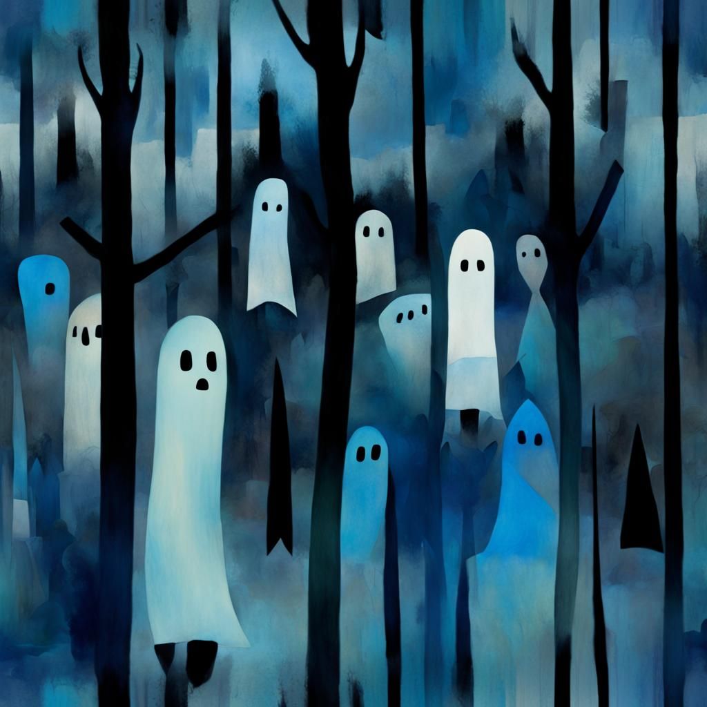 Eerie Abstract Ghosts in Blue Night Forest