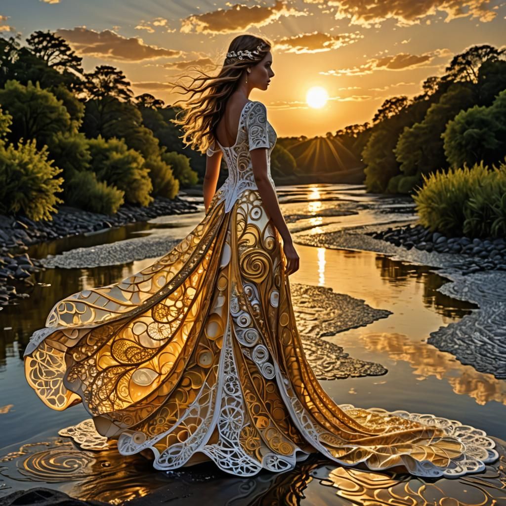 Woman in Foam Dress by River: Zentangle Fractal Art