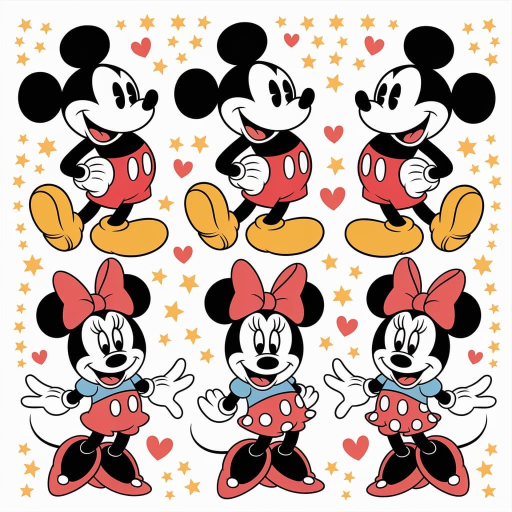 Mickey and Minnie Mouse Tattoo Sheet in Cartoon Style