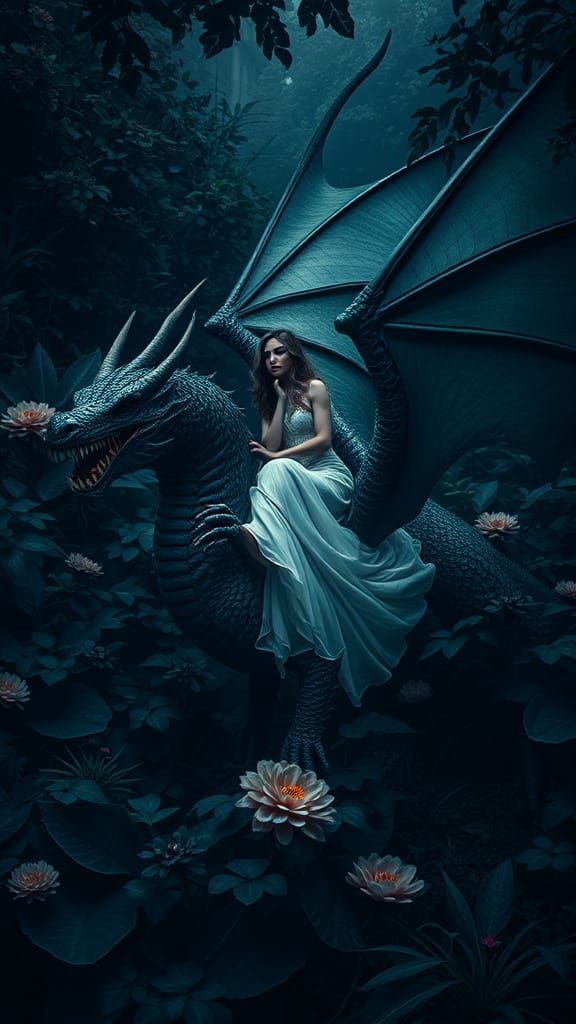 Dark Fantasy Dragon Rider in Vibrant Botanical Paradise