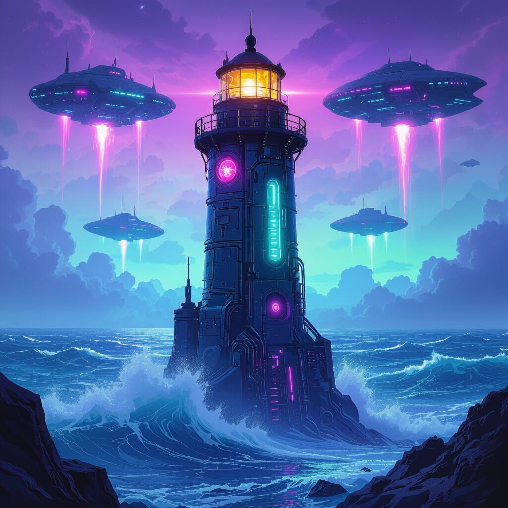 Futuristic Lighthouse Against Alien Storm in Retro Sci-Fi St...
