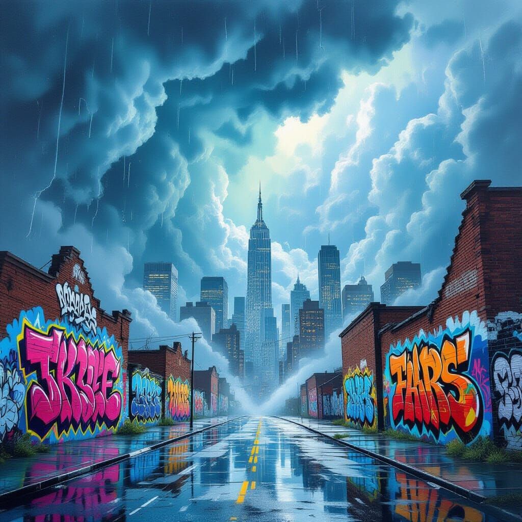 Powerful Storm Engulfs City Skyline in Splash Art Style