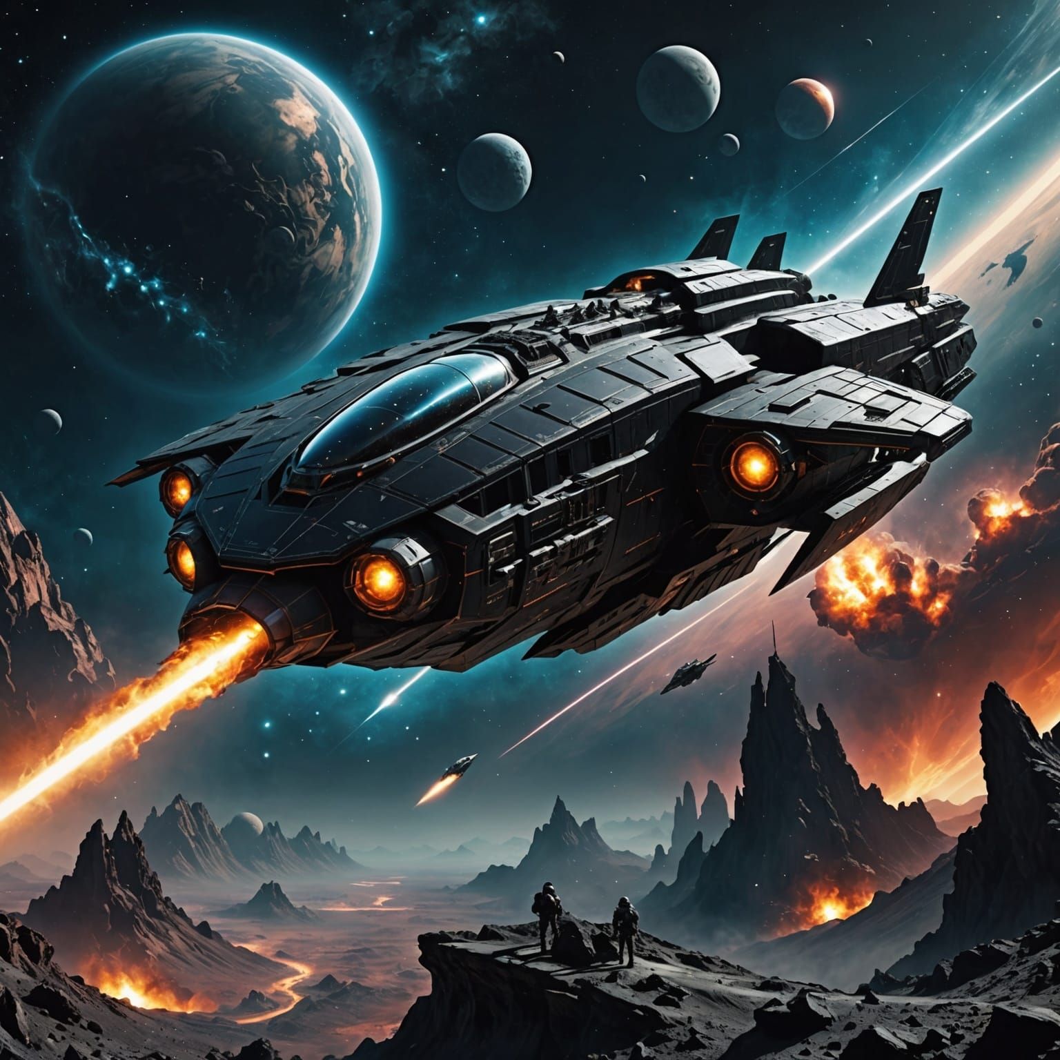 Extremepunk Spaceship on Alien Planet in Nebula