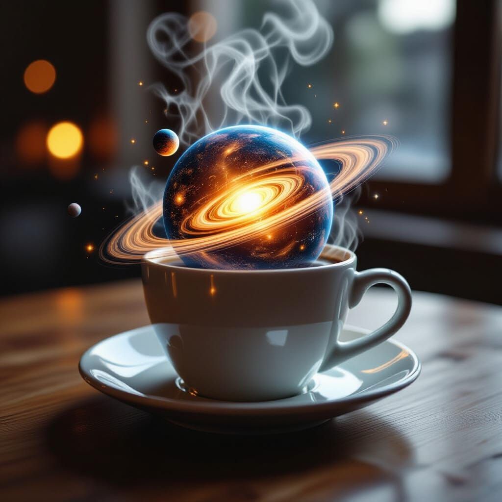 Coffee Cup Planet System in Double Exposure