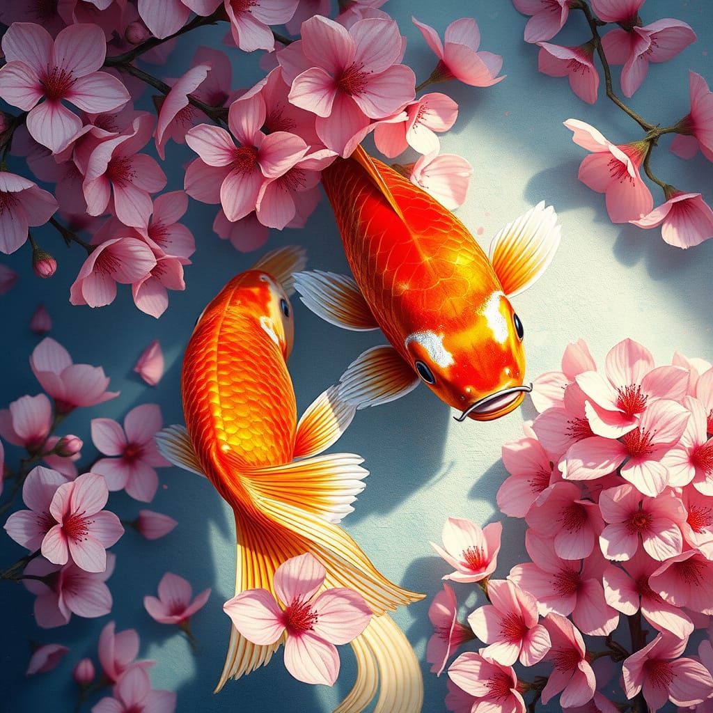 Vibrant Koi Fish Amidst Sakura Petals in Fantasy Concept Art