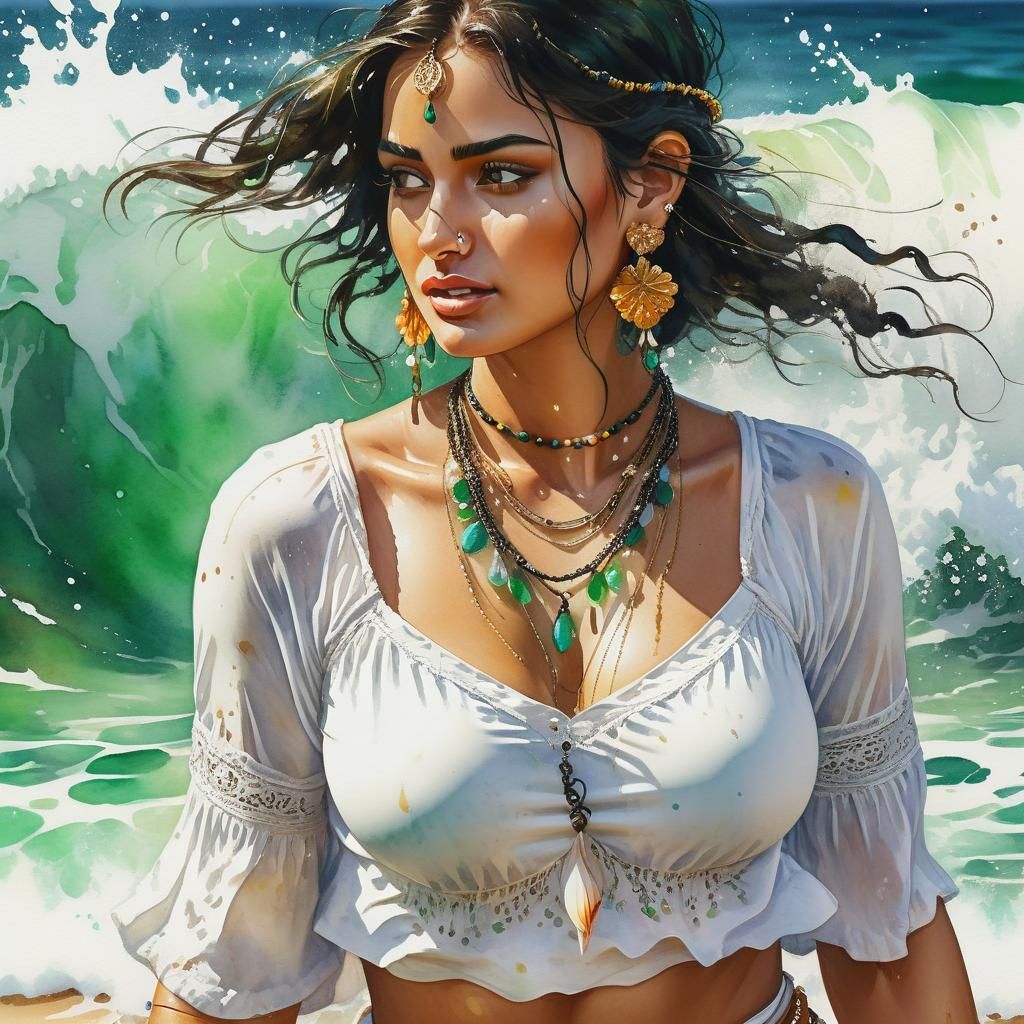 Gypsy Woman Portrait on Beach in Watercolor Style