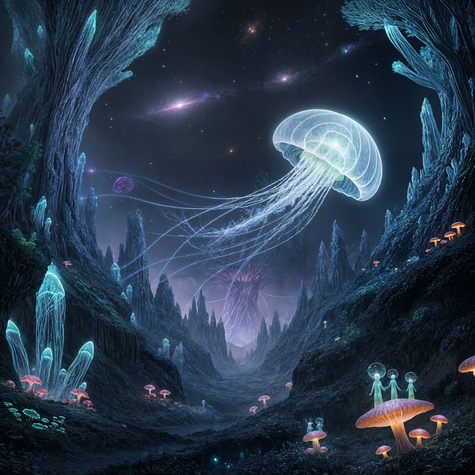 Nebula Jellyfish in Bioluminescent Forest: High Fantasy