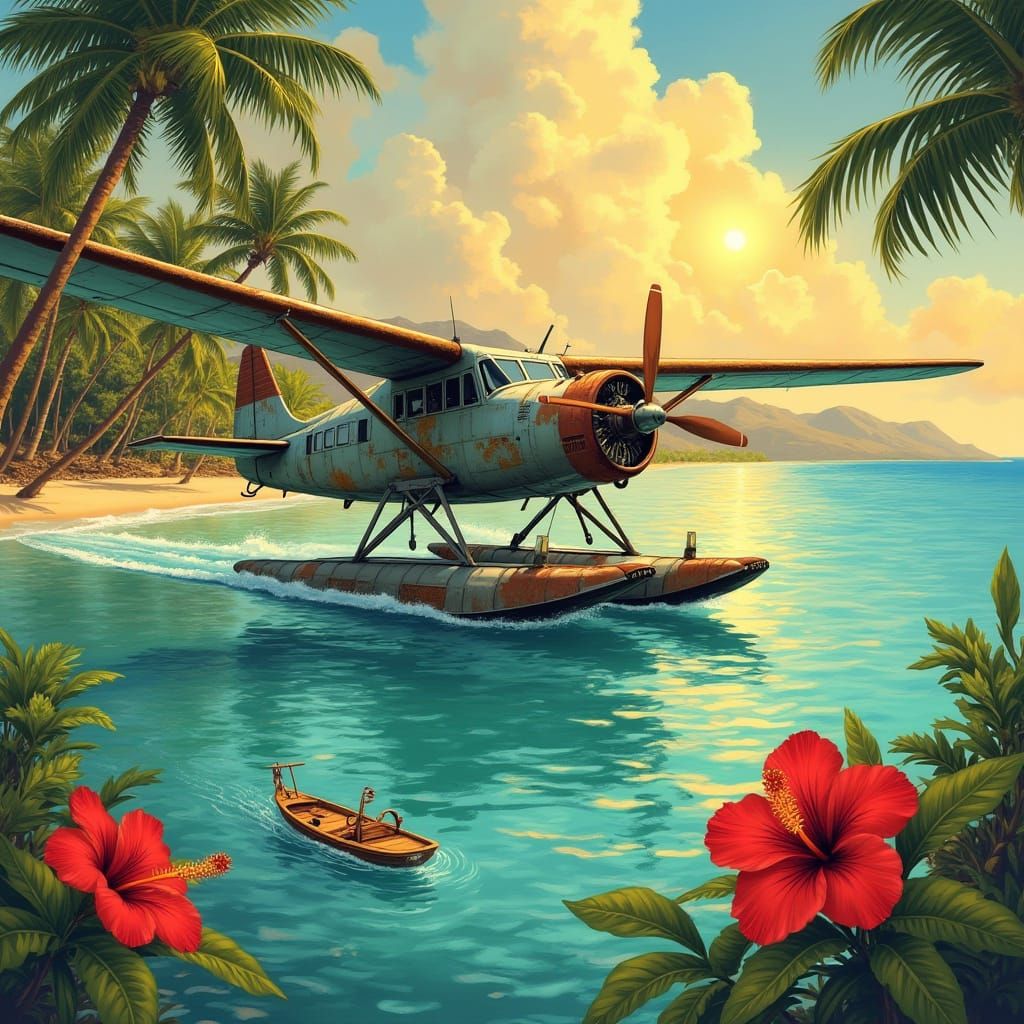 Vintage Seaplane in Classic Travel Poster Style