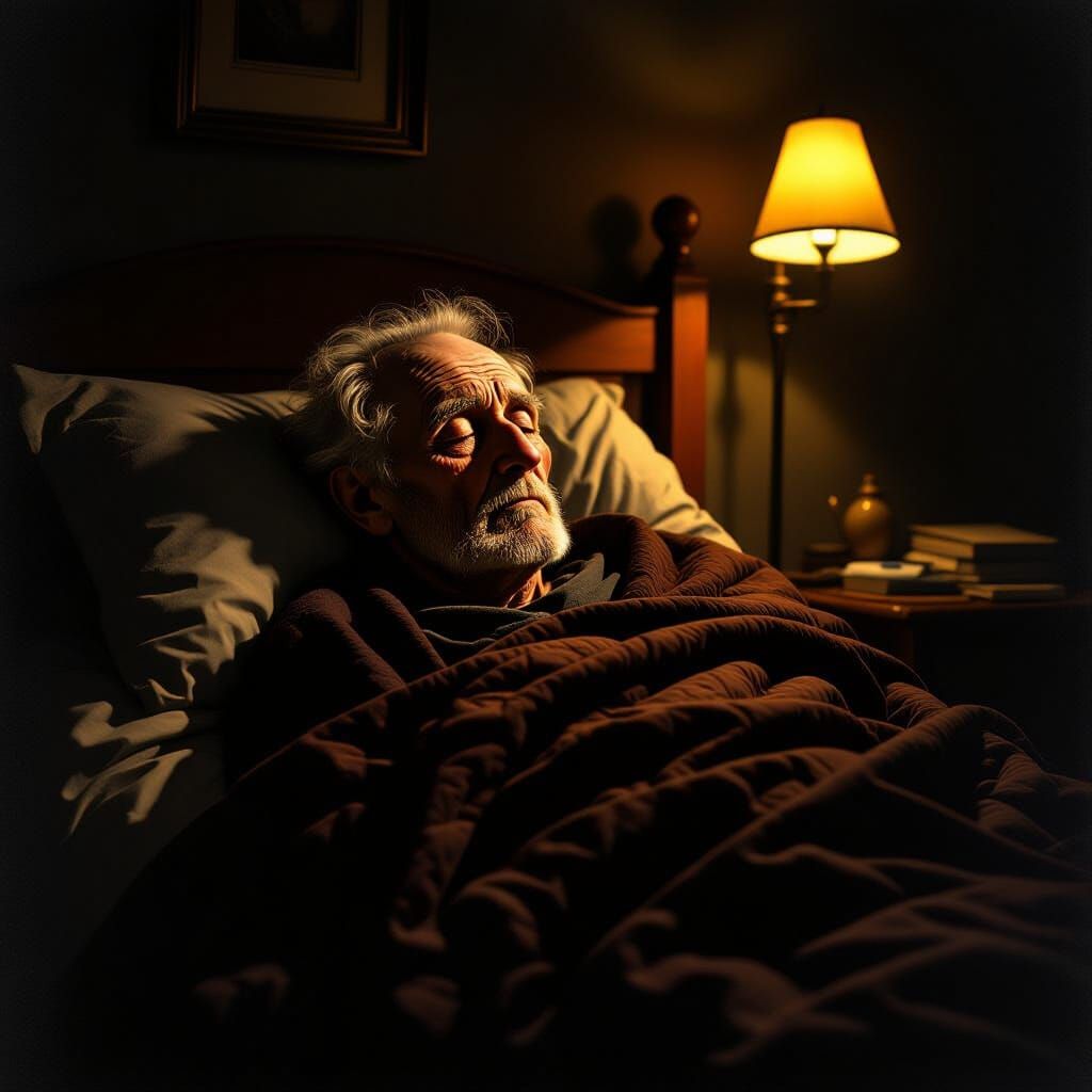 Elderly Man Ill in Dimly Lit Bedroom