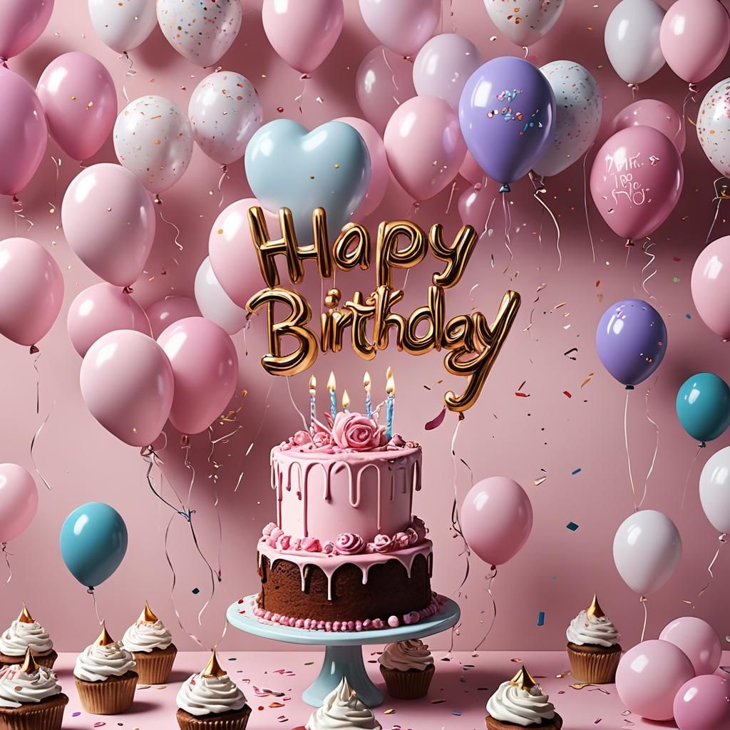 Happy Birthday Card with Balloons and Cake