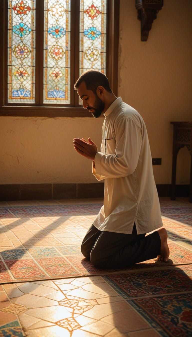 Muslim Man in Golden Hour Prayer