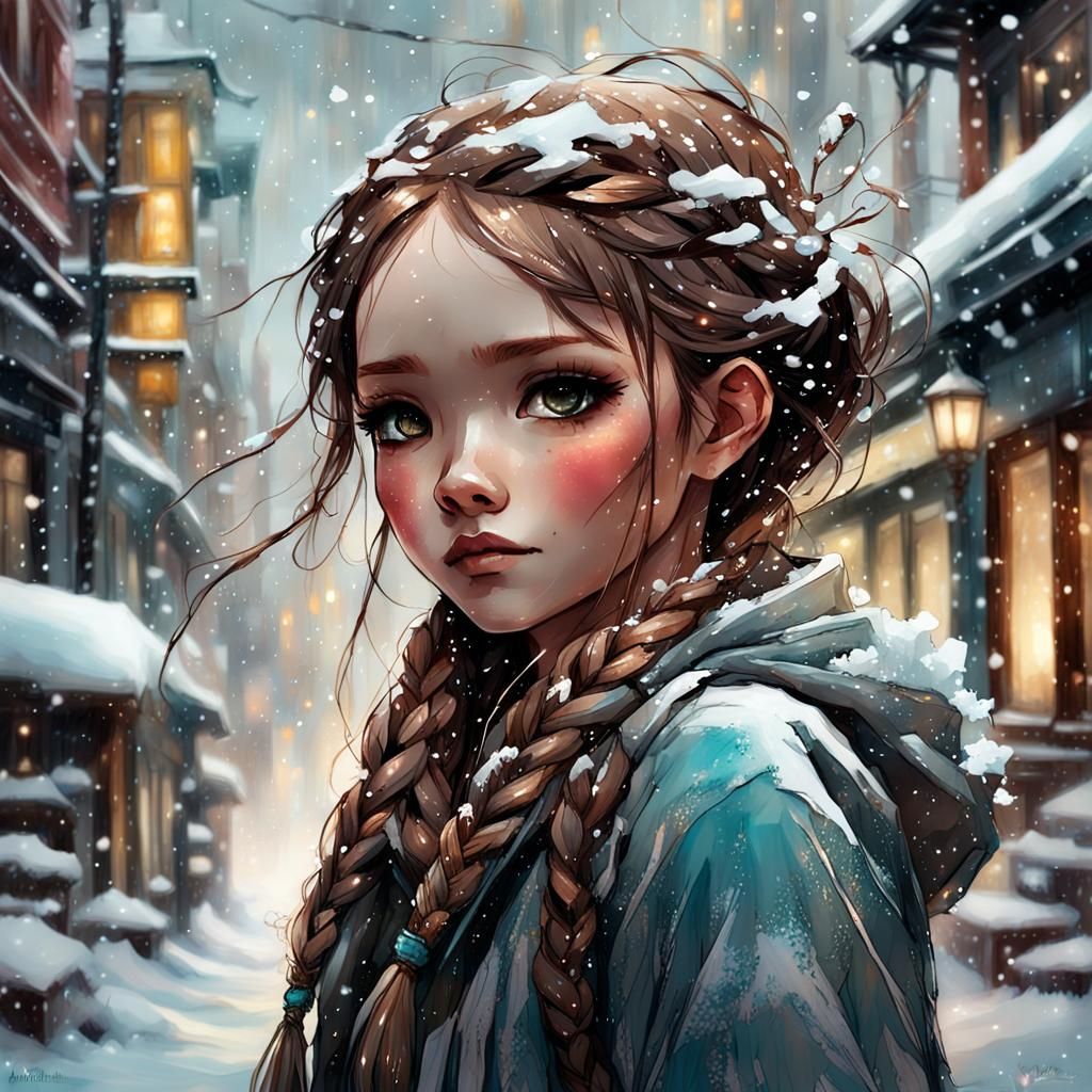 Joyful Chibi Girl in First Snow, Expressive Digital Art