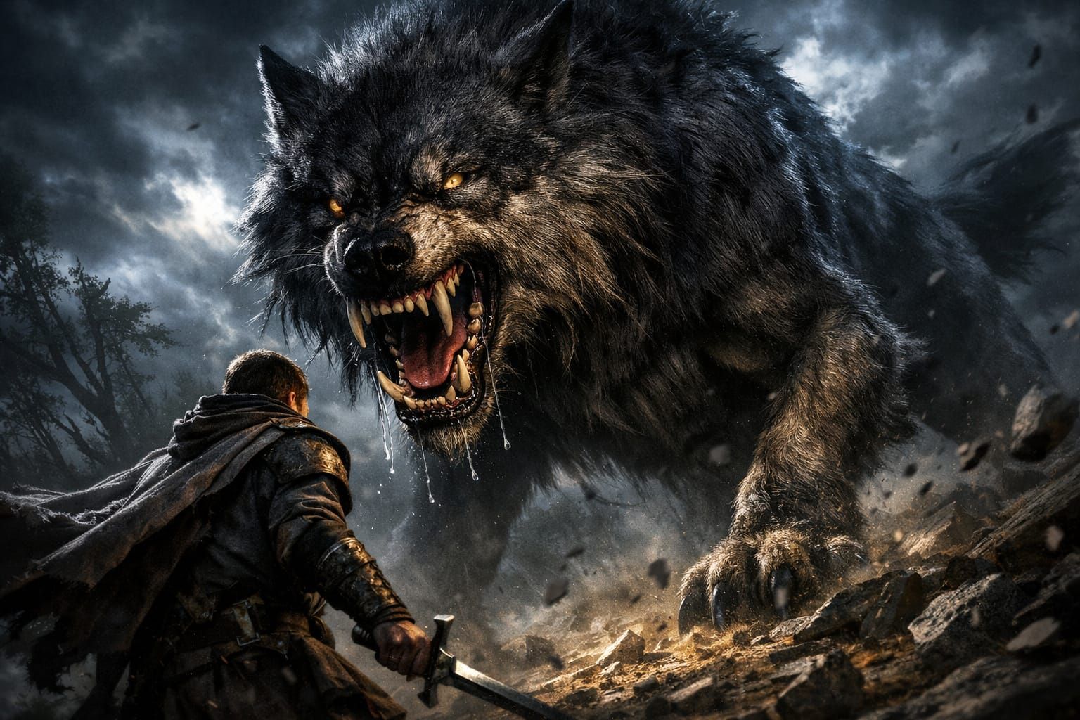 Epic Fantasy Worg vs Warrior in Dark Cinematic Style