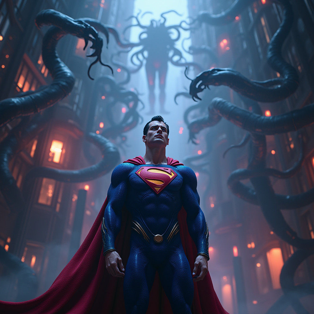 Superman in Biomechanical Gothic Cityscape, HR Giger Style