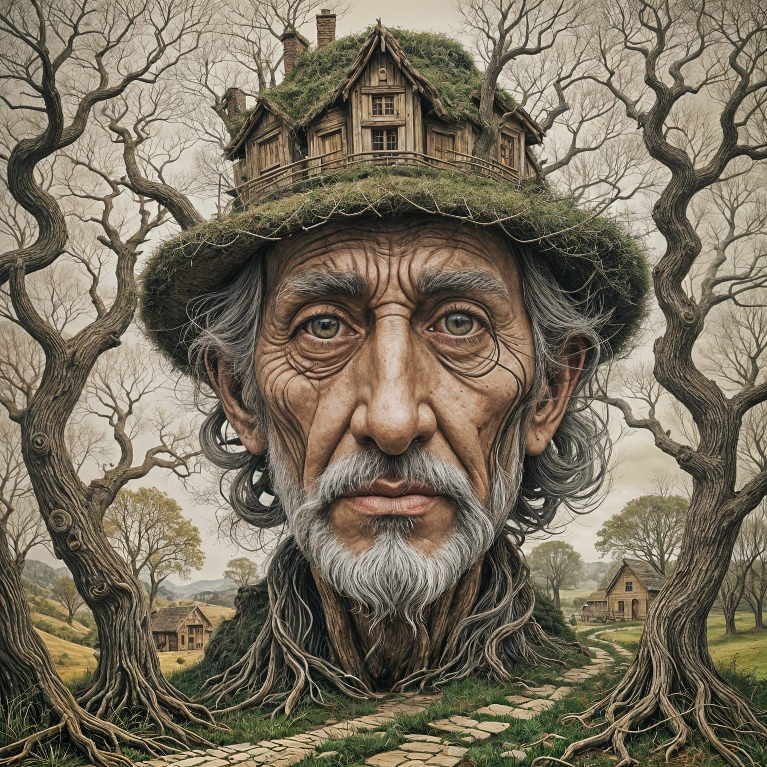 👉🌿An intricate optical illusion artwork that forms the fac...