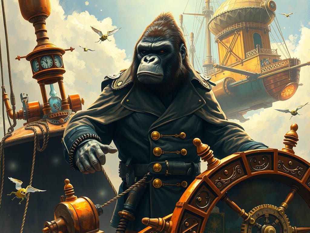 Steampunk Gorilla Captain on a Majestic Airship