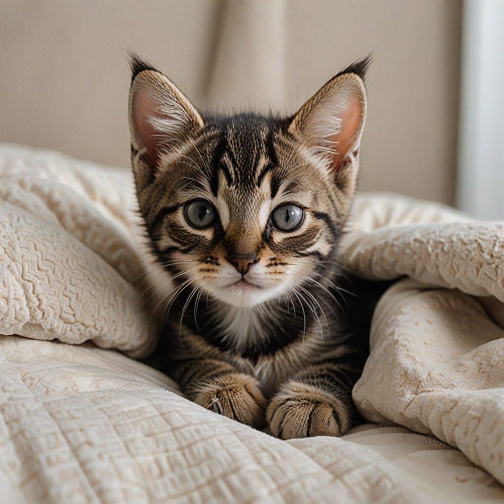 Cuddly Tabby Kitten in Cozy Bed