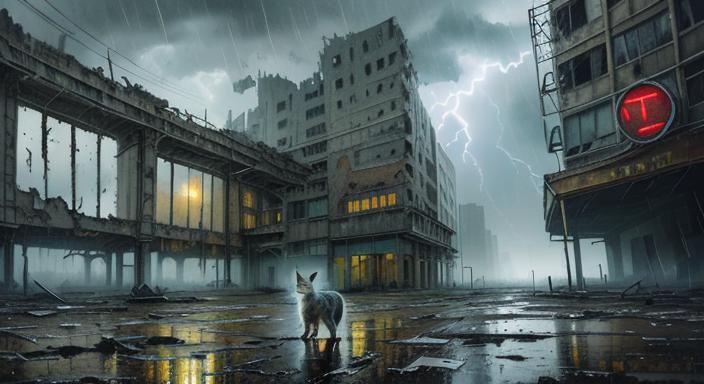 Post-Apocalyptic Cityscape with Cat, Studio Ghibli Oil Paint...