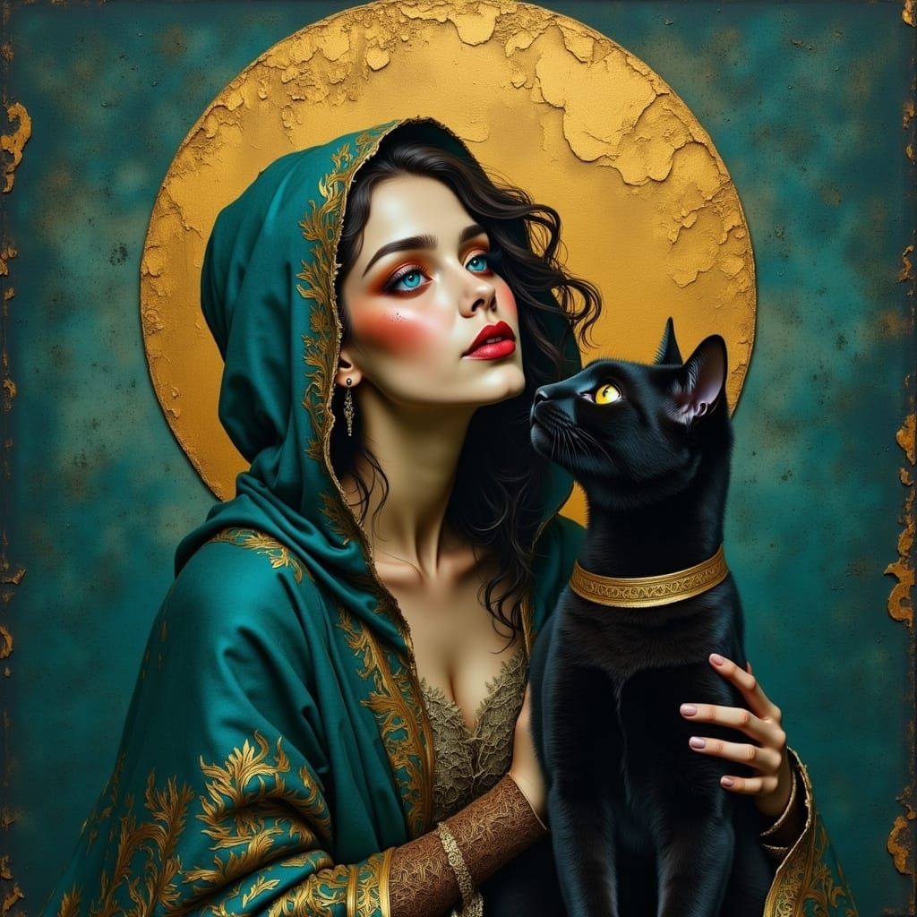 Mystical Portrait of a Woman and Her Feline Companion in Ric...