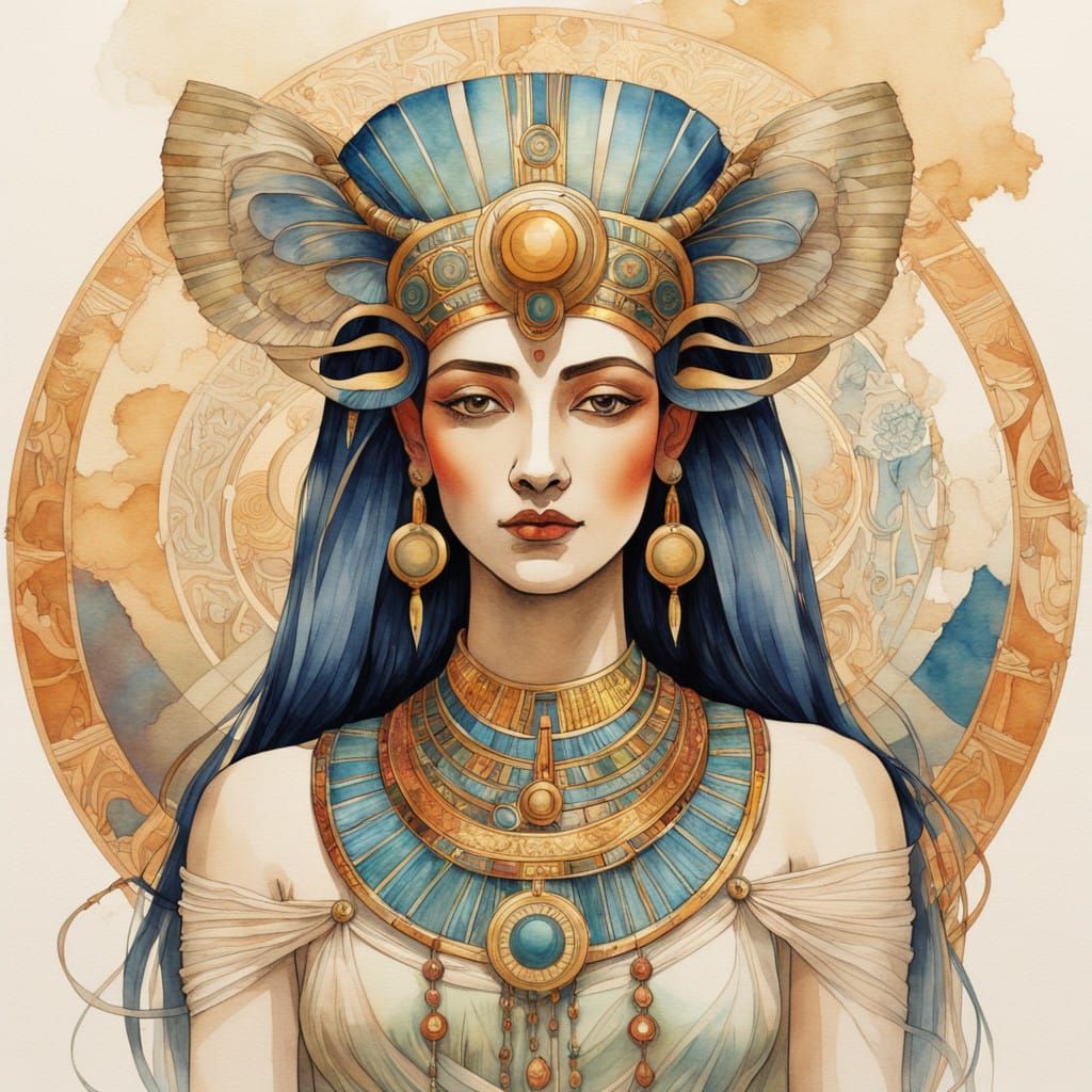 Surreal Cow Goddess in Watercolor Art Nouveau Style