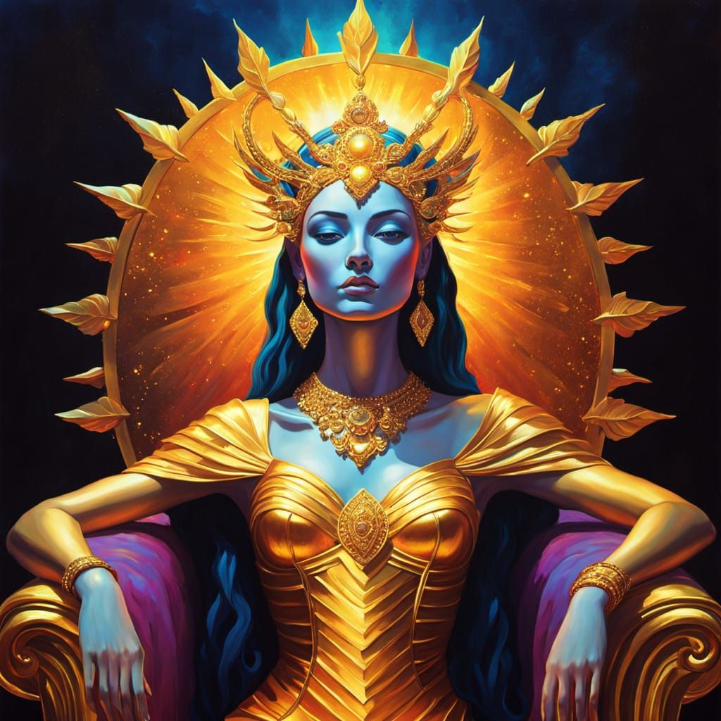 Surreal Cancer Goddess on Throne in Oil Painting