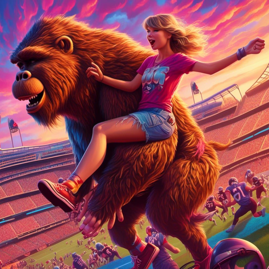 <lora:Trio:1.0> Taylor swift laughs while riding piggyback on Sasquatch; they run through the Chiefs NFL football stadiu...