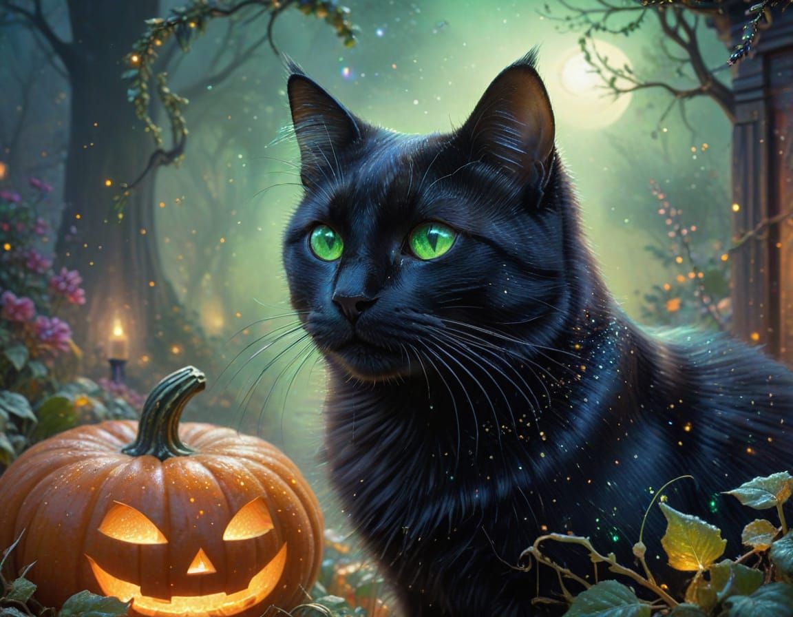 Black Cat With Green Eyes and Sparkles Beside Pumpkin
