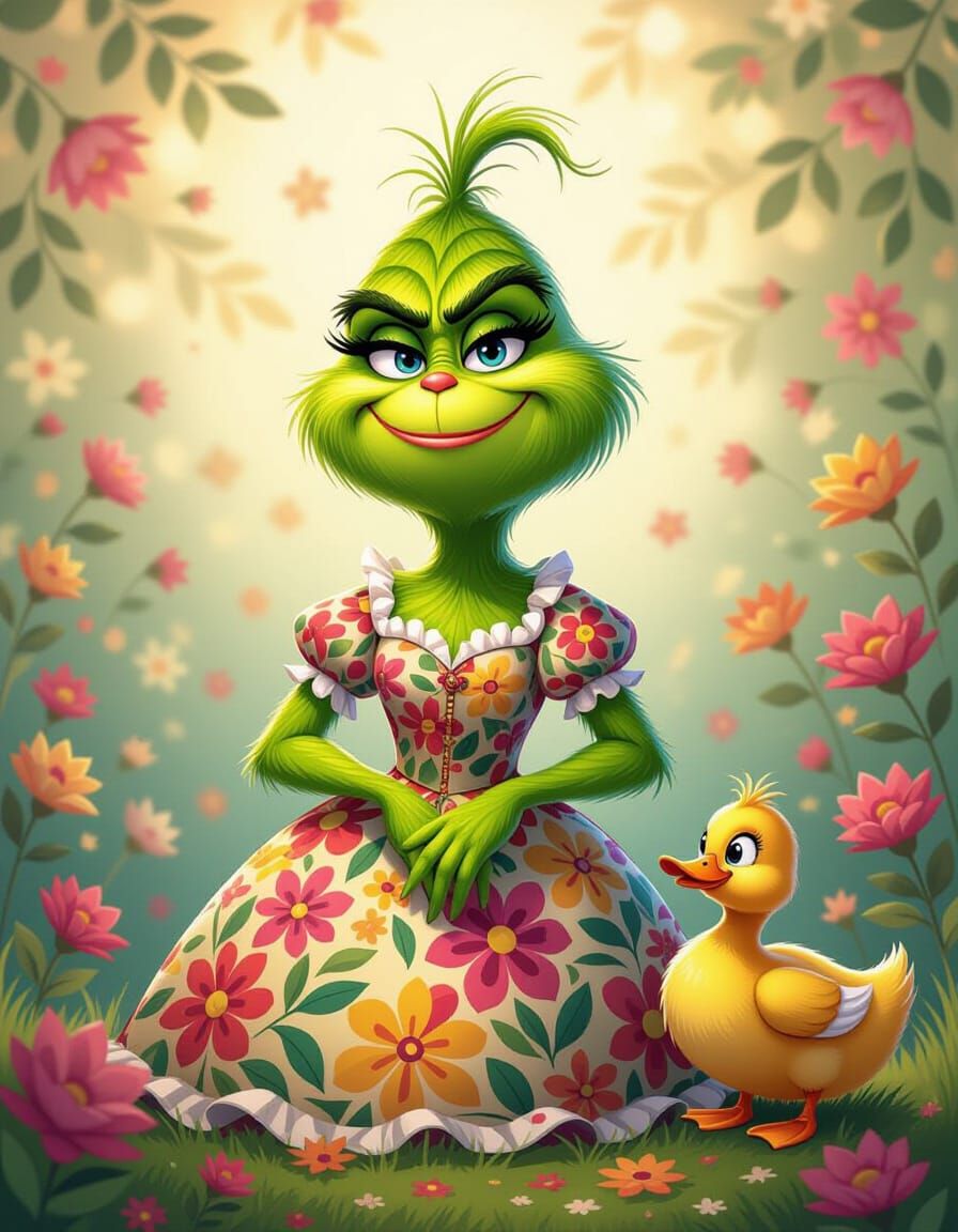 Grinch Portrait in Patchwork Dress with Duck