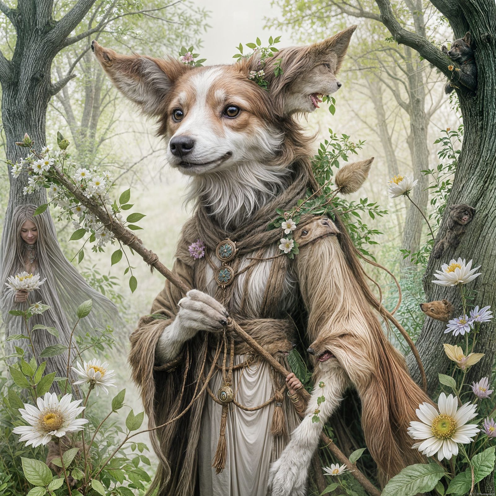 Whimsical Dogfolk Druid in Floral Collar