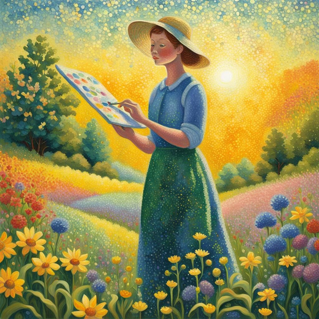 Pointillist Artist in Sunlit Meadow