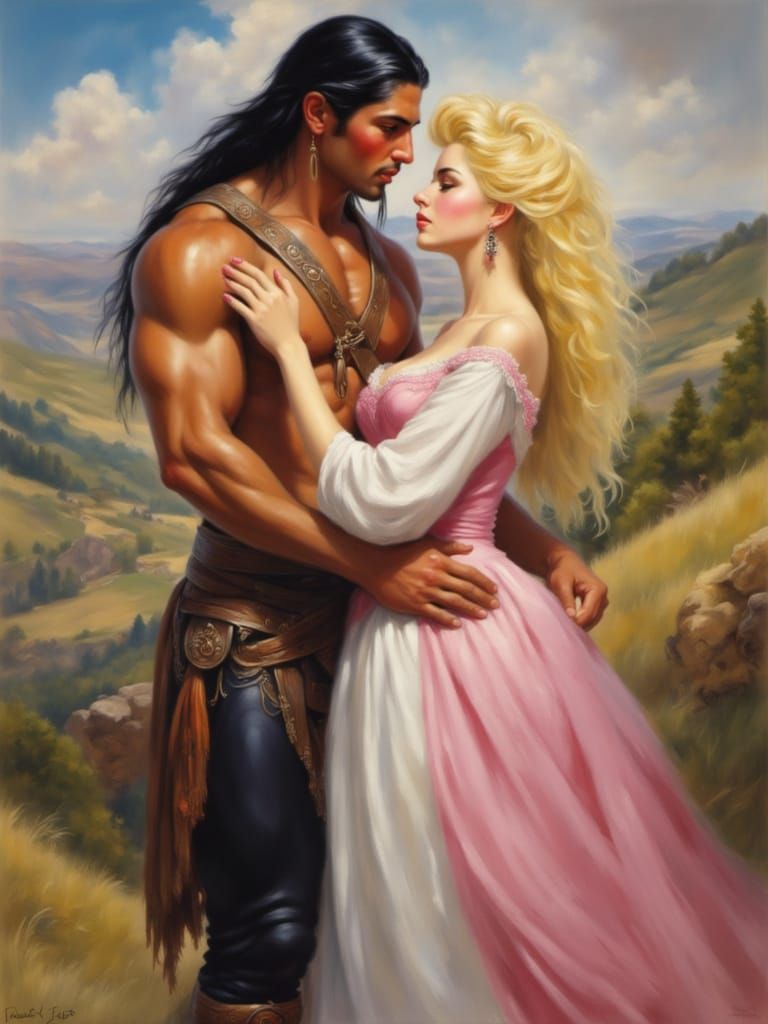 Romantic Western Novel Cover with Native American Hero