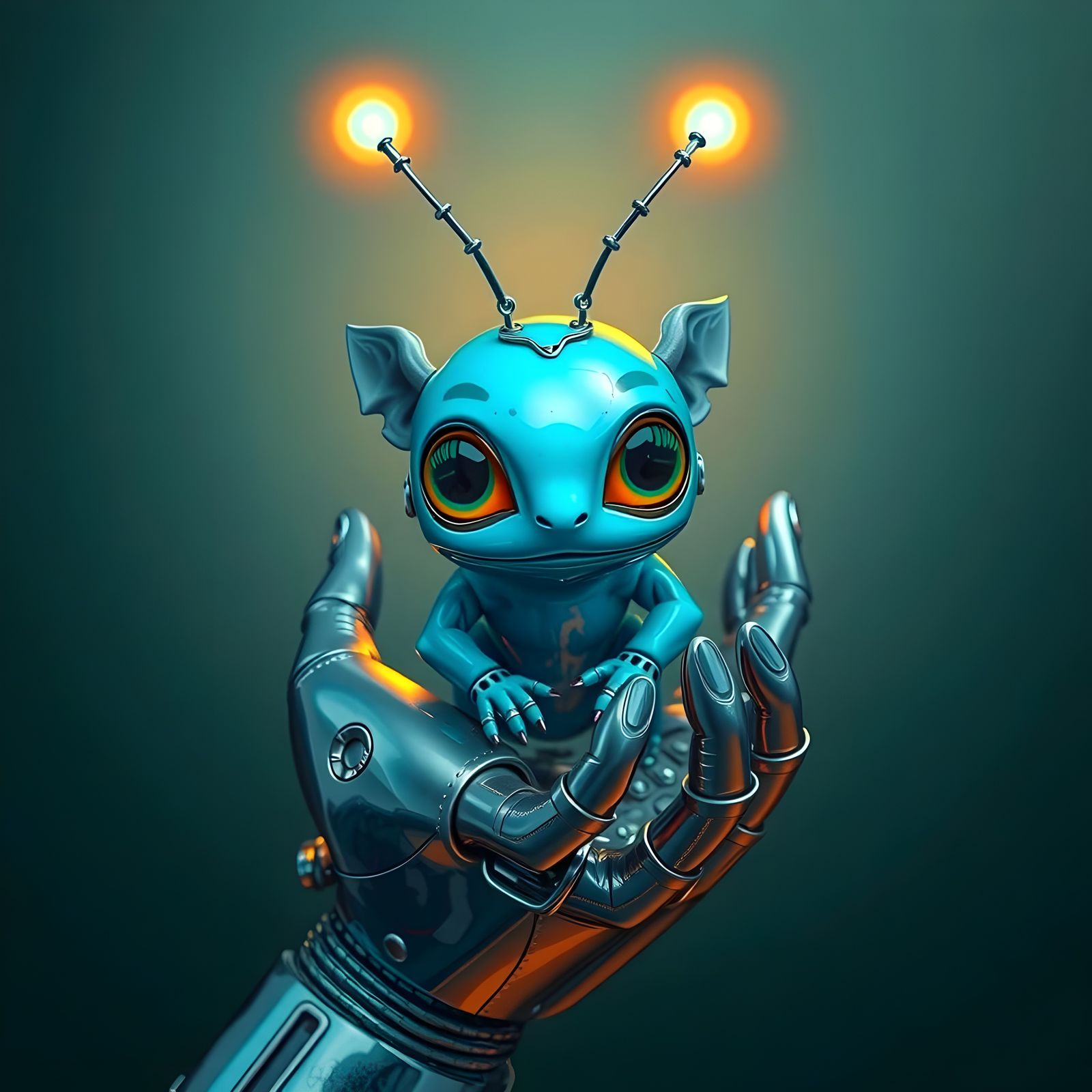 Android Hand Holding Turquoise Alien Creature
