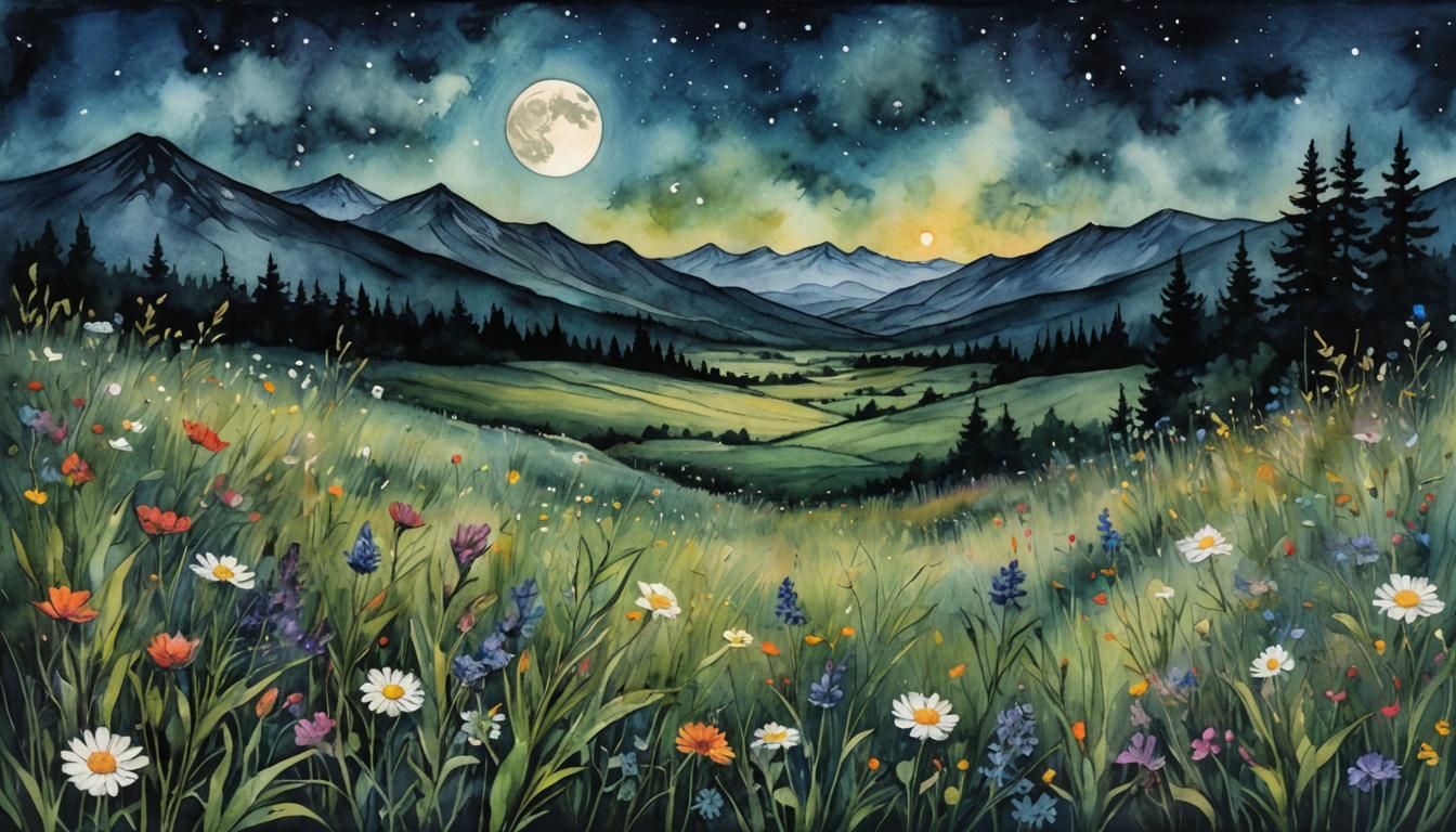 Enchanting Moonlit Meadow in Encaustic Style