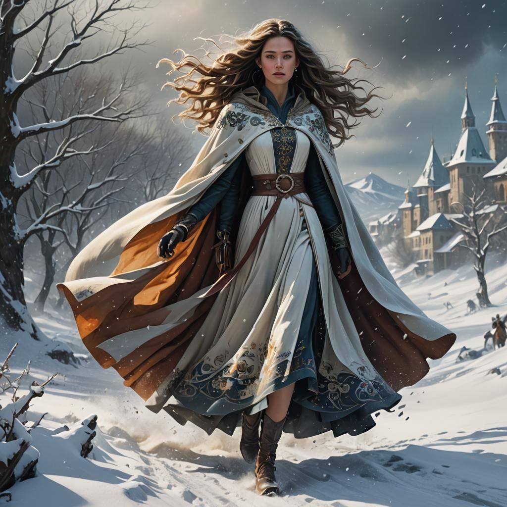 Woman Walking in Winter Wonderland: Fantasy Concept Art