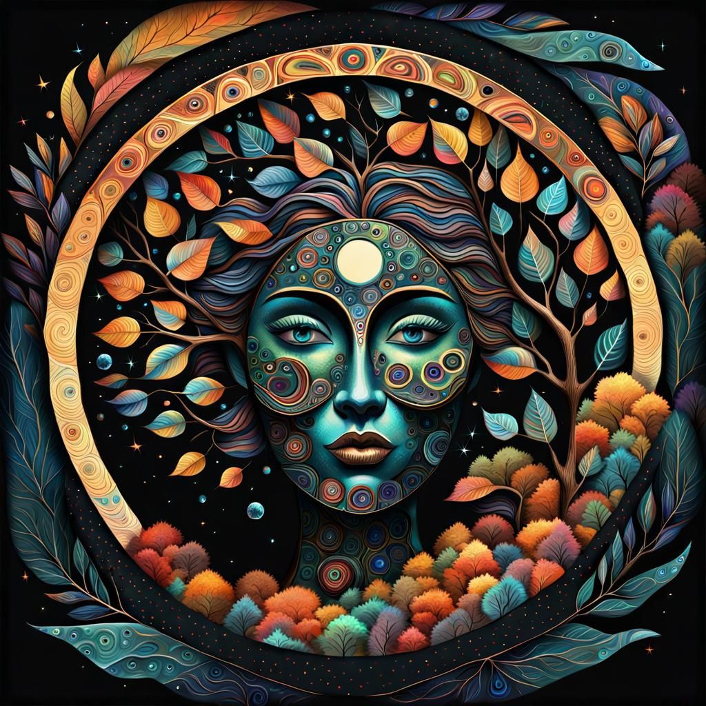 Woman's Face on Moon in Folk Art Style