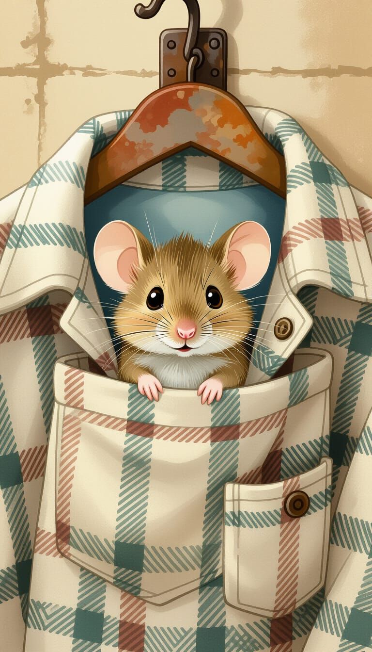 Anxious Mouse in Flannel Pocket, Whimsical Illustration